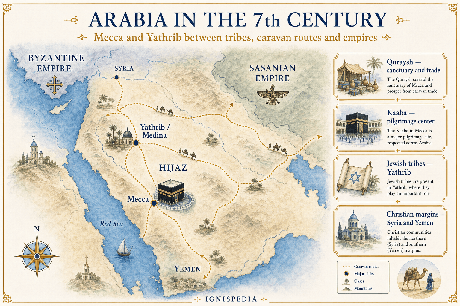 Ignispedia infographic map of Western Arabia in the 7th century, showing Mecca, Yathrib-Medina, caravan routes, and the Byzantine and Sassanid empires.