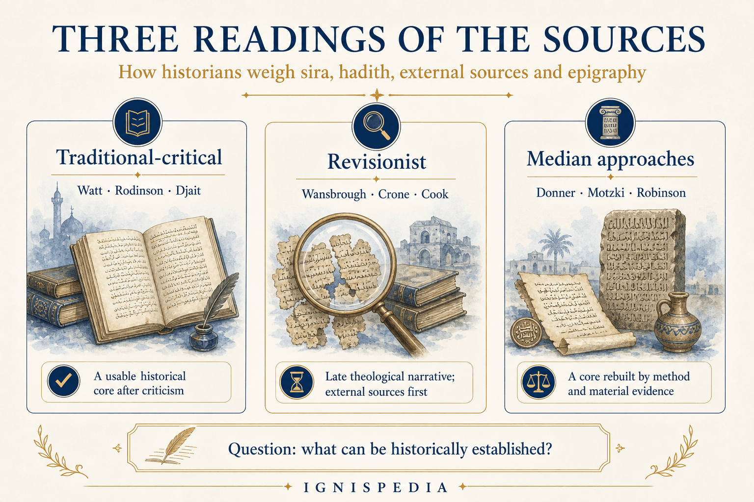 Ignispedia infographic comparing the three major historiographical readings of Muslim sources on Muhammad: traditional-critical, revisionist, and median.
