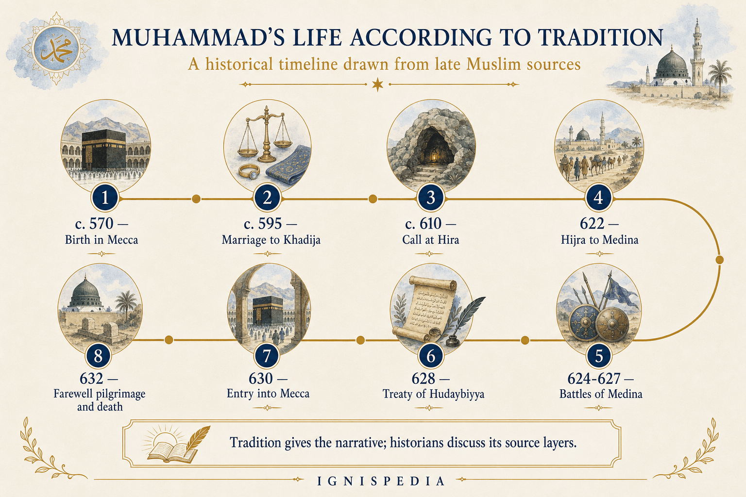 Ignispedia infographic timeline showing the major stages of Muhammad’s life according to Muslim tradition, from birth circa 570 to death in 632.