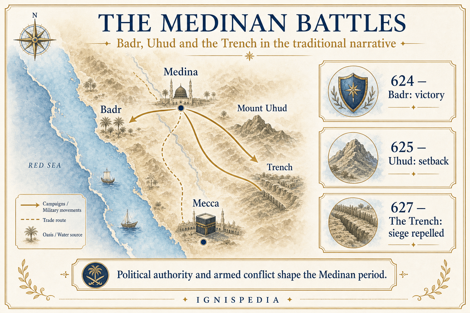 Ignispedia infographic map of the main military episodes in Medina: Badr, Uhud, the Trench, Hudaybiyya, and the march on Mecca.