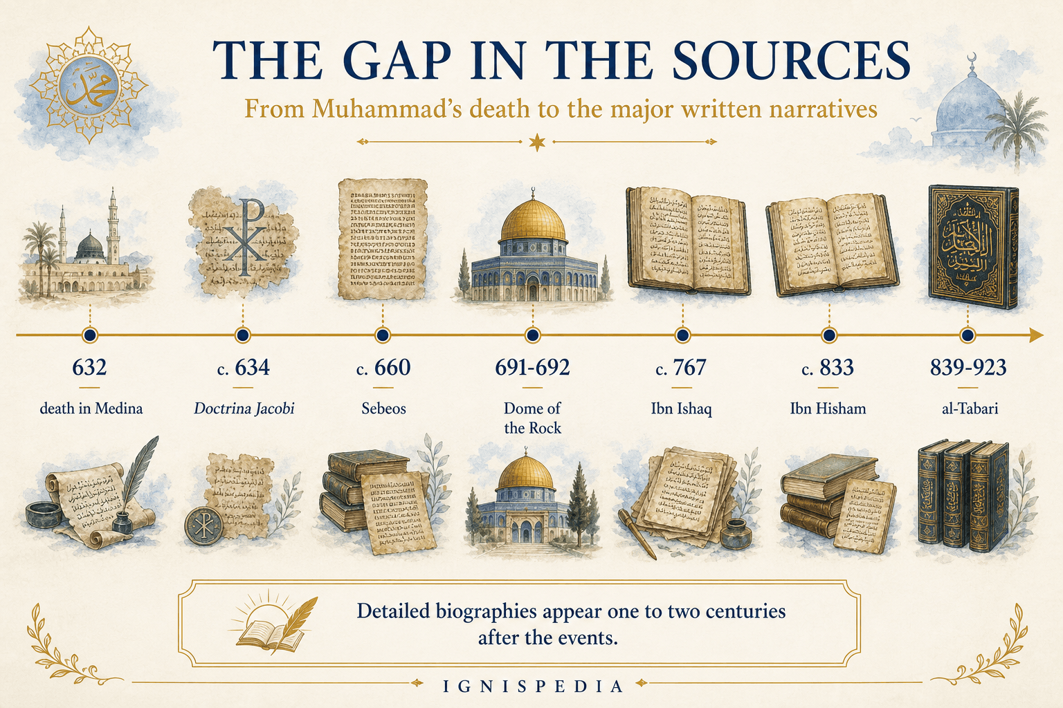 Ignispedia infographic showing the chronological gap between Muhammad’s death in 632 and the major written accounts like Ibn Hisham and al-Tabari.