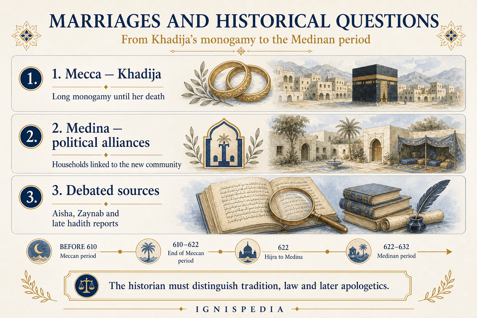 Ignispedia infographic distinguishing Muhammad's monogamous Meccan period with Khadija and the polygamous Medinan period.