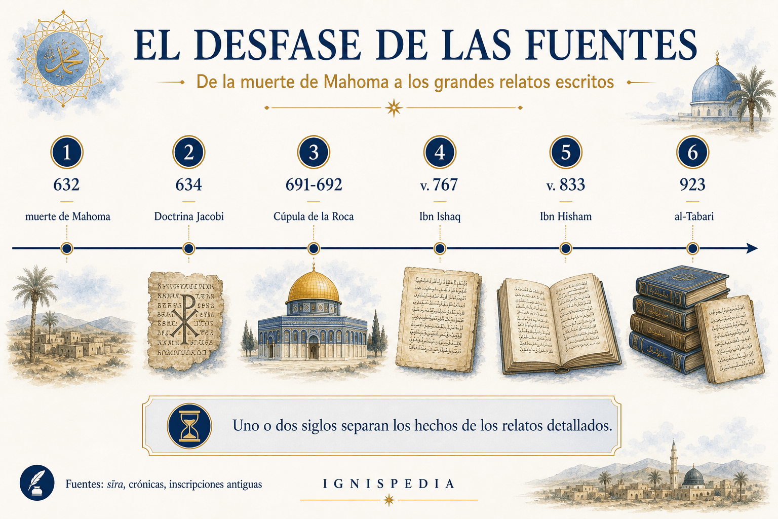 Infografía Ignispedia que muestra la brecha cronológica entre la muerte de Mahoma en 632 y los grandes relatos escritos como Ibn Hisham y al-Tabari.
