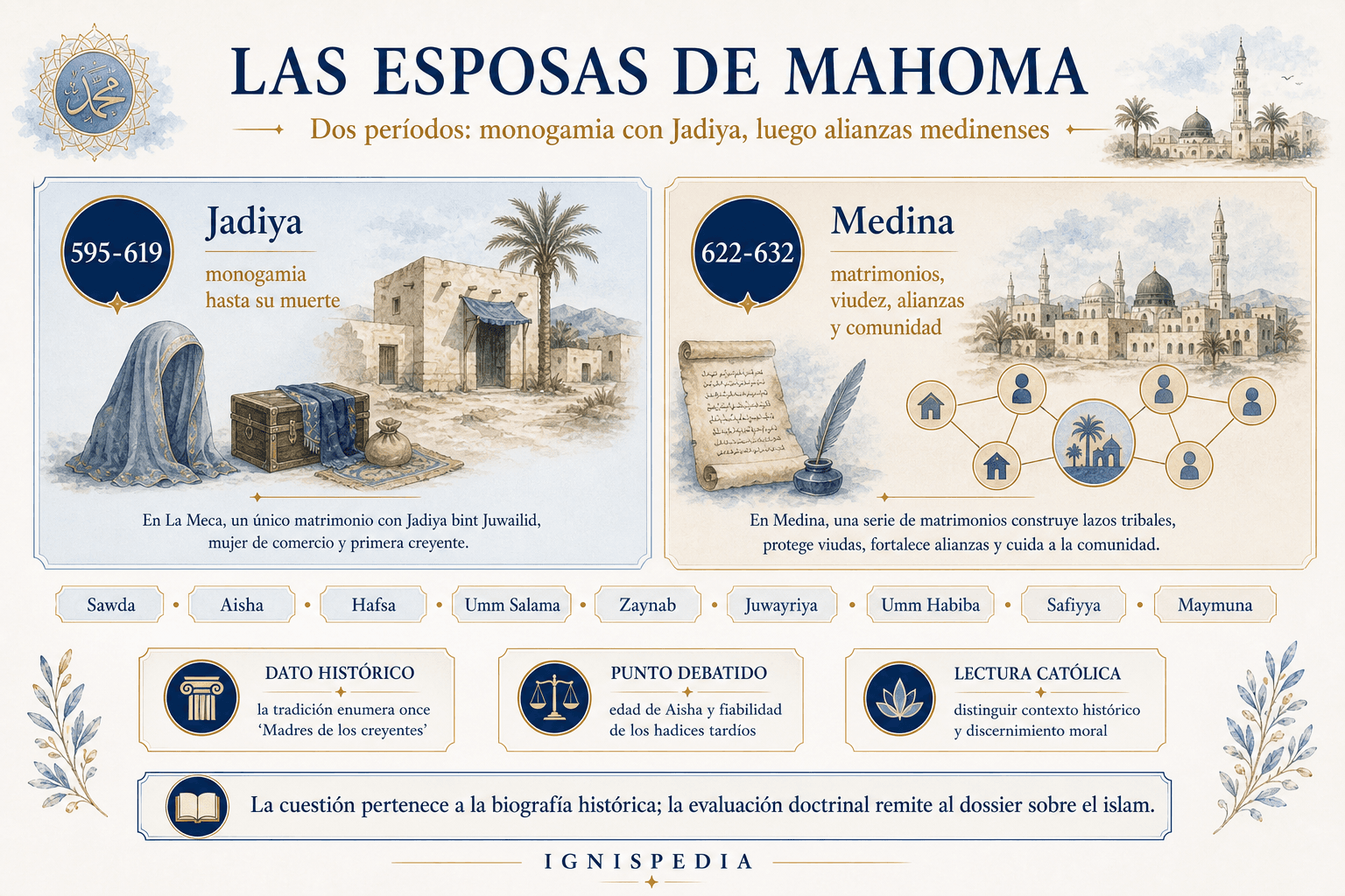Infografía Ignispedia que distingue el período monógamo de Mahoma en La Meca con Jadiya y el período polígamo en Medina.