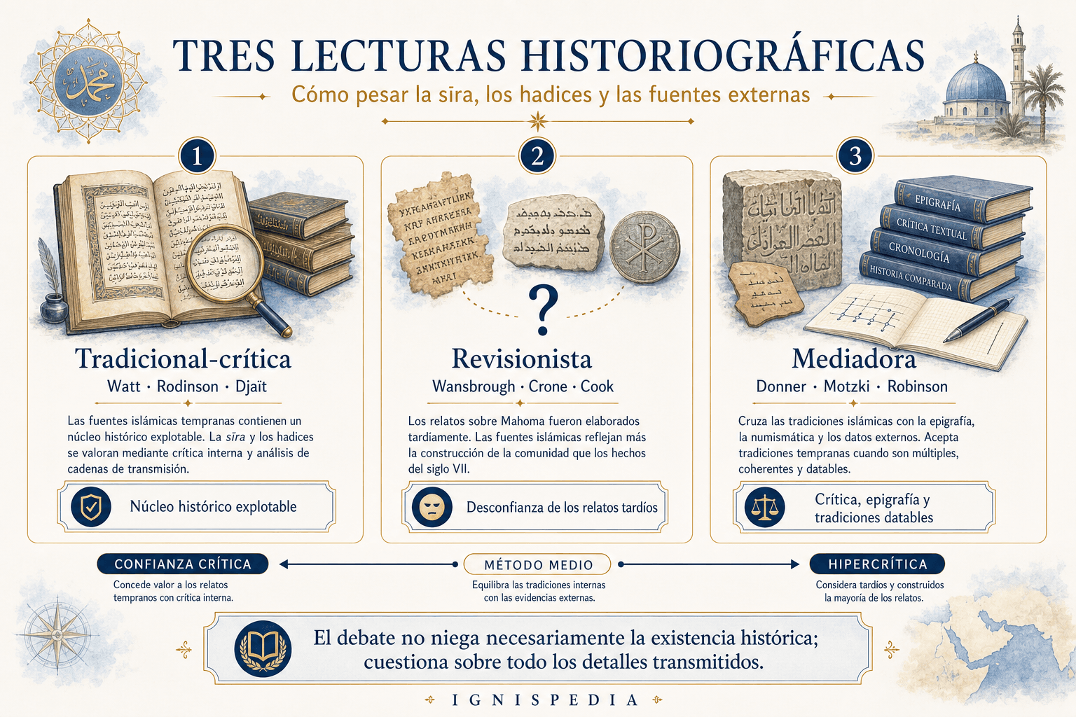 Infografía Ignispedia comparando las tres grandes lecturas historiográficas de las fuentes musulmanas sobre Mahoma: tradicionales-críticos, revisionistas y medianos.