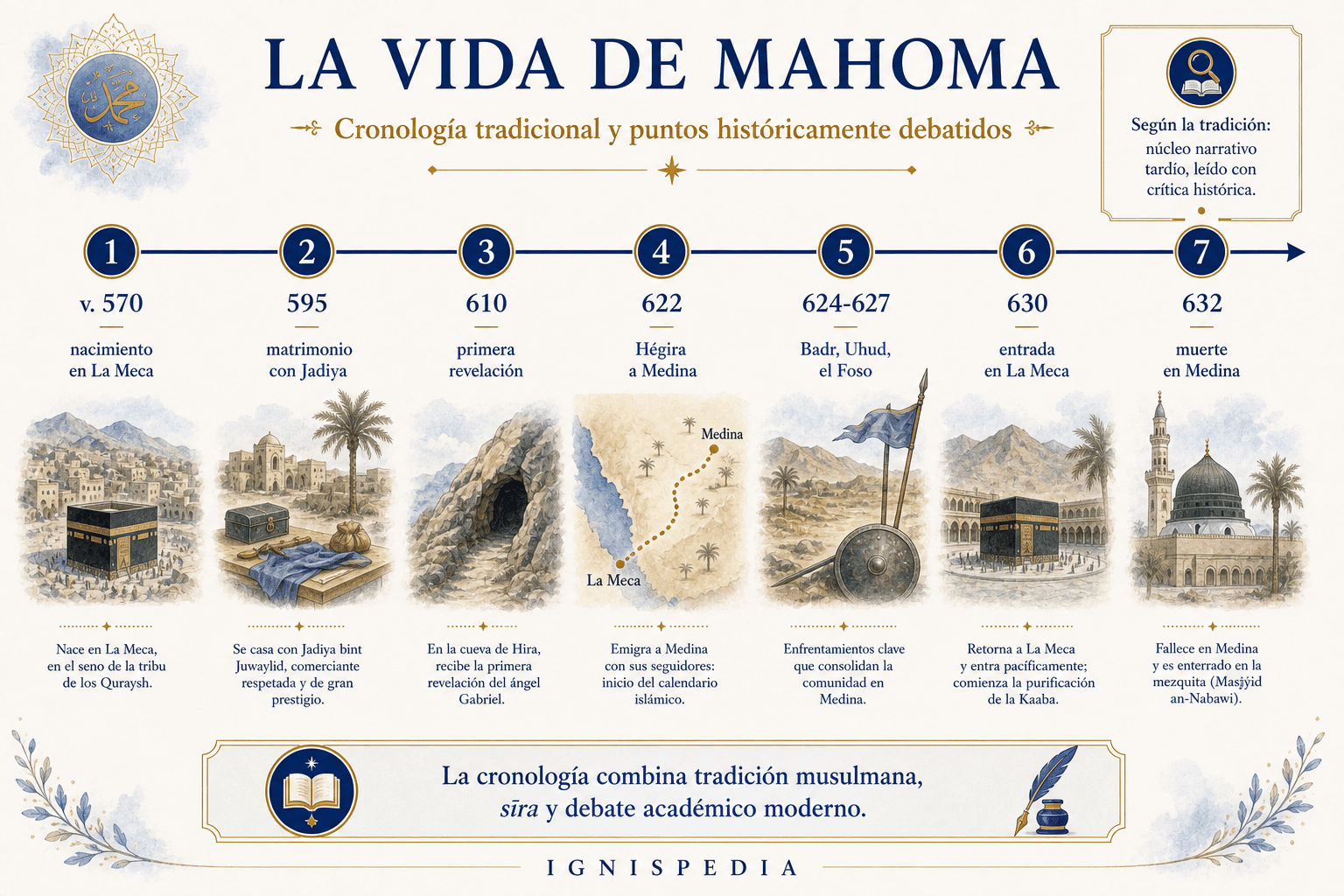 Cronología infográfica Ignispedia que presenta las grandes etapas de la vida de Mahoma según la tradición musulmana, desde el nacimiento hacia 570 hasta la muerte en 632.