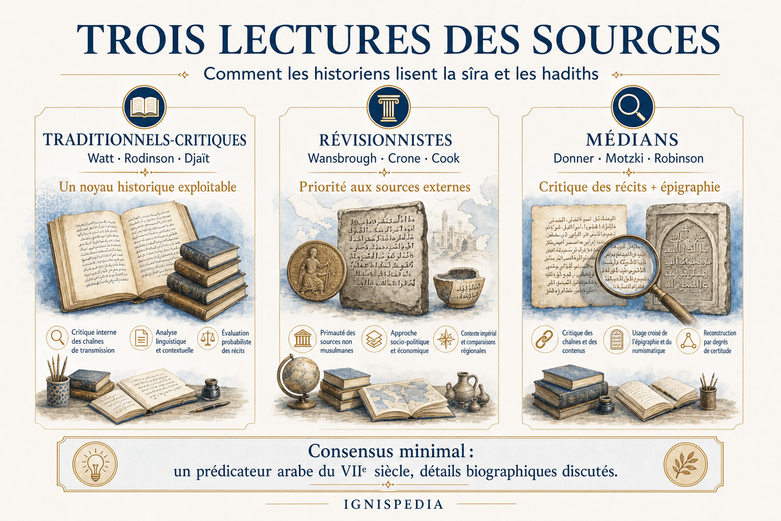 Infografica Ignispedia che confronta le tre grandi letture storiografiche delle fonti musulmane su Maometto: tradizionalisti-critici, revisionisti e mediani.