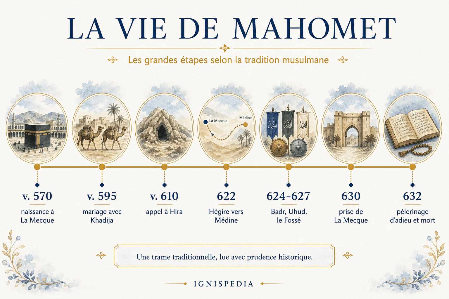 Fregio infografico Ignispedia che presenta le grandi tappe della vita di Maometto secondo la tradizione musulmana, dalla nascita verso il 570 alla morte nel 632.