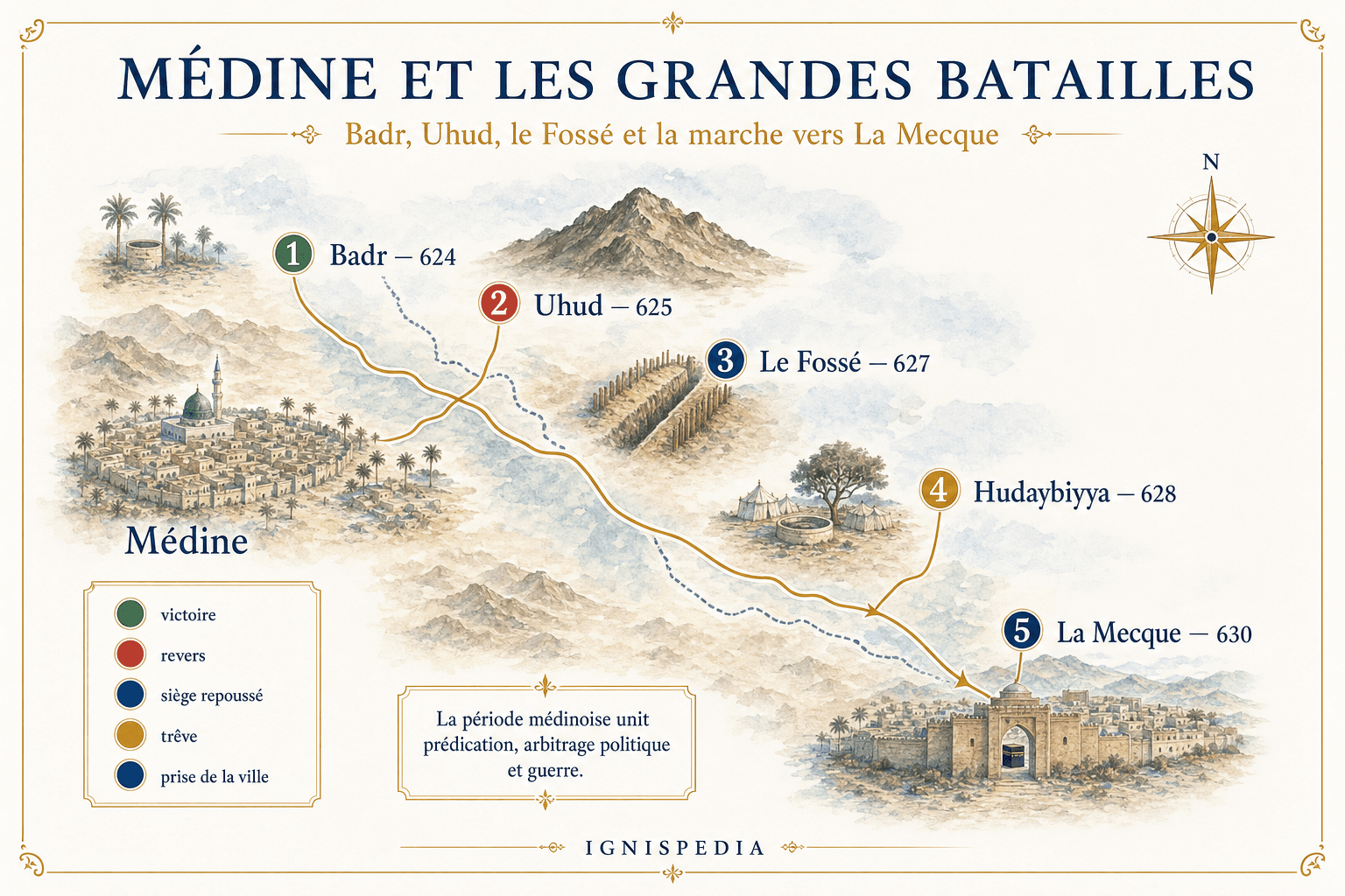 Carta infografica Ignispedia dei principali episodi militari medinesi: Badr, Uhud, il Fossato, Hudaybiyya e la marcia verso La Mecca.