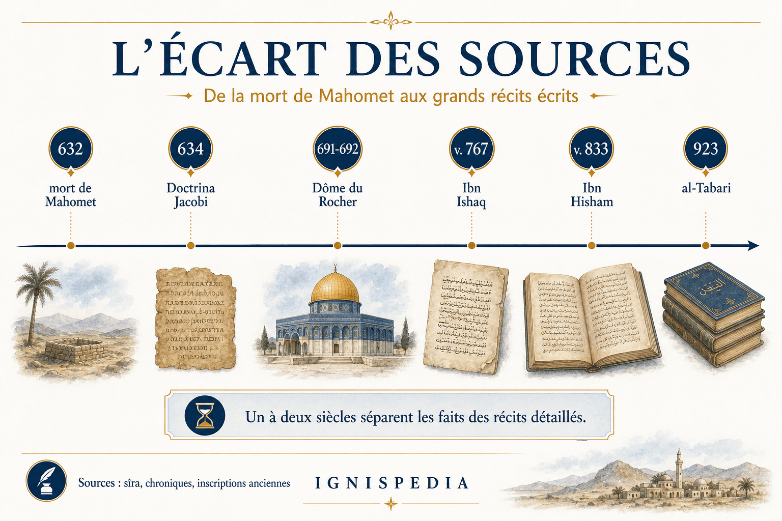 Infografica Ignispedia che mostra lo scarto cronologico tra la morte di Maometto nel 632 e i grandi racconti scritti come Ibn Hisham e al-Tabari.