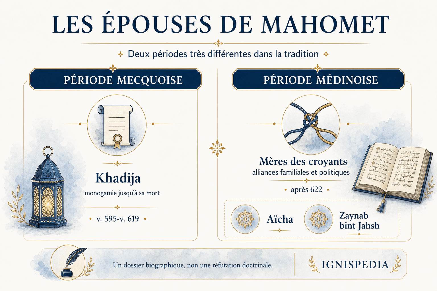 Infografica Ignispedia che distingue il periodo meccano monogamo di Maometto con Khadija e il periodo medinese poligamo.