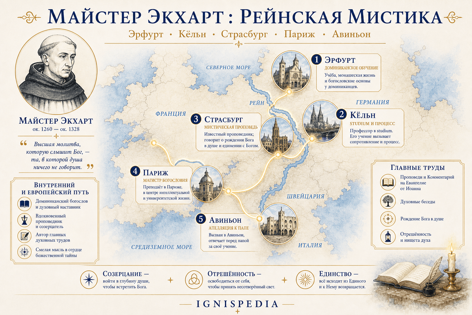 Инфографическая карта маршрута Майстера Экхарта между Эрфуртом, Кёльном, Страсбургом, Парижем и Авиньоном