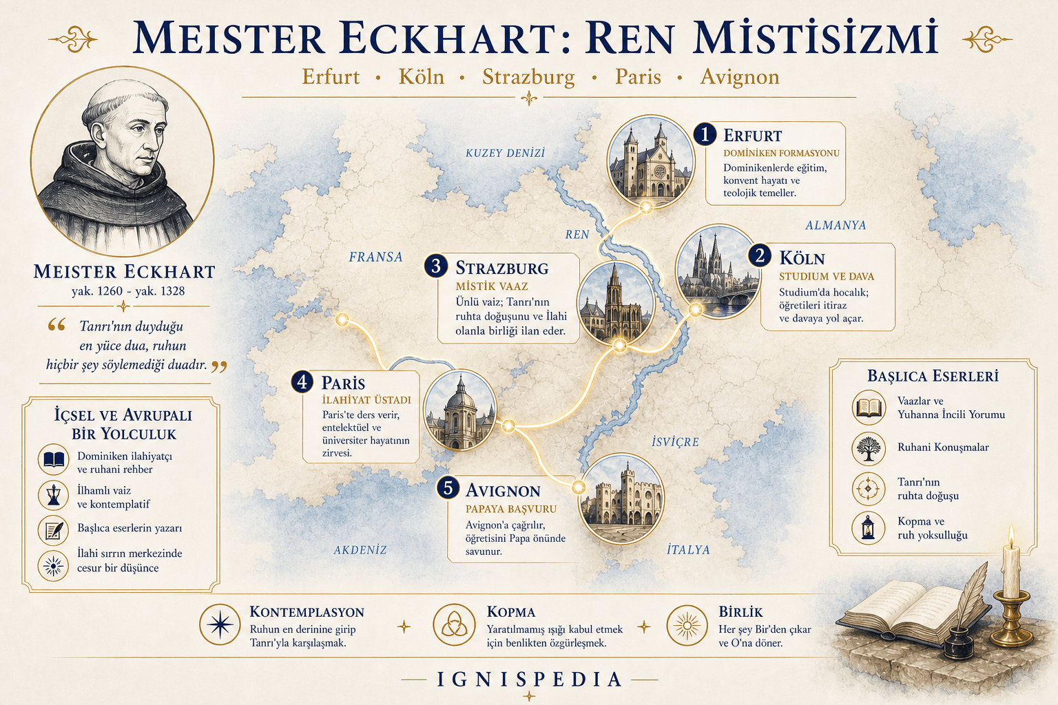 Erfurt, Köln, Strasbourg, Paris ve Avignon arasında Meister Eckhart'ın entelektüel rotasını gösteren infografik harita