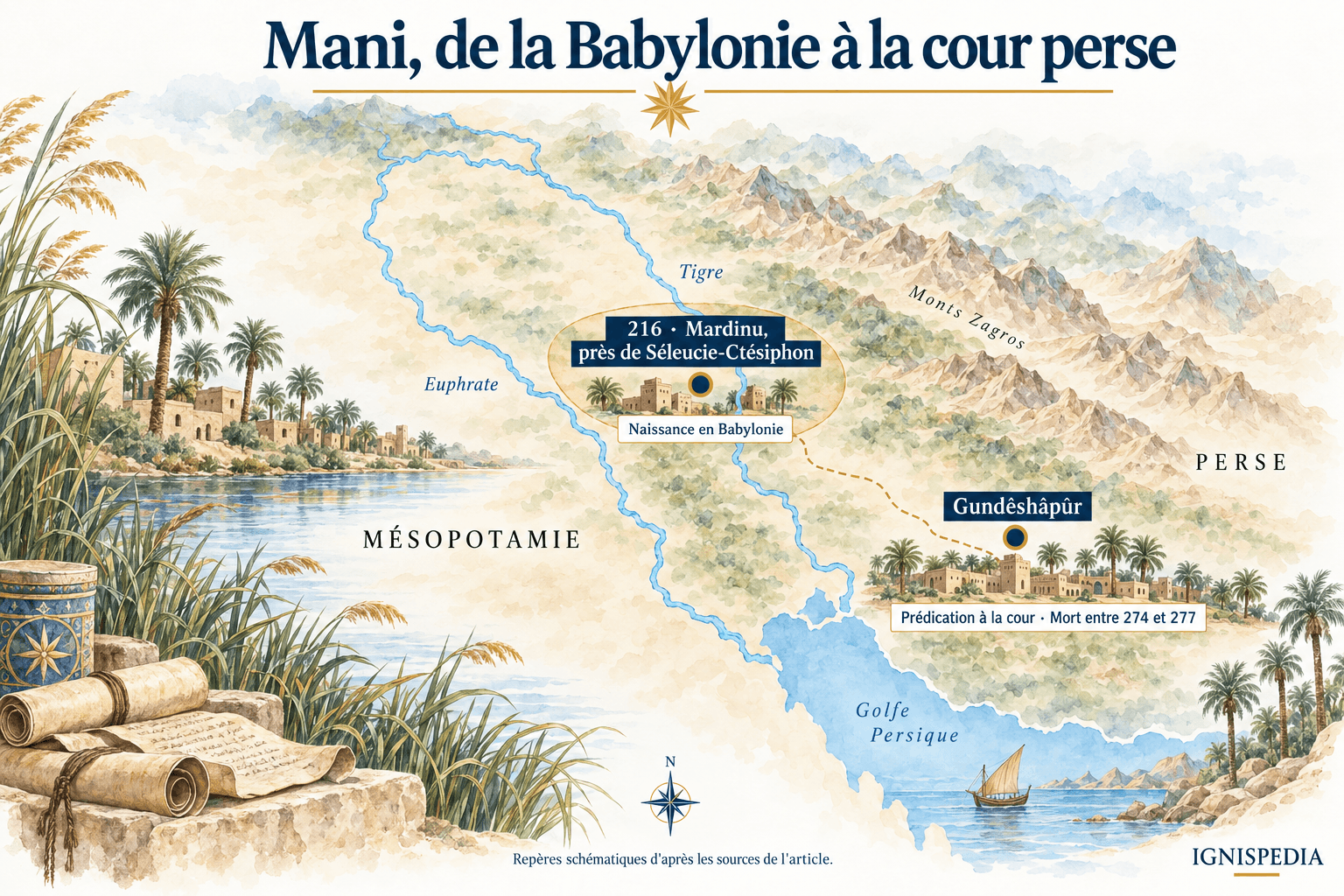 Punti di riferimento schematici della vita di Mani tra la Babilonia e Gundeshapur