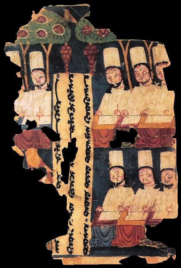 Manichaean folio from Qocho showing scribes in white garments