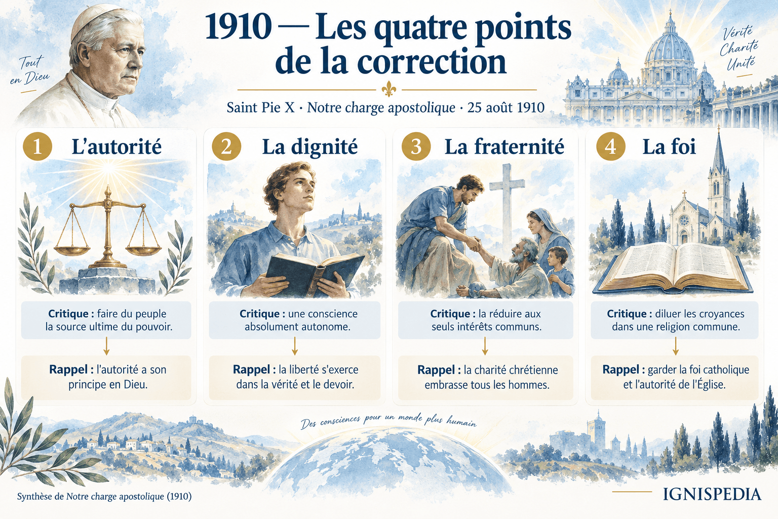 Четыре пункта исправления 1910 года: власть, достоинство, братство и вера.