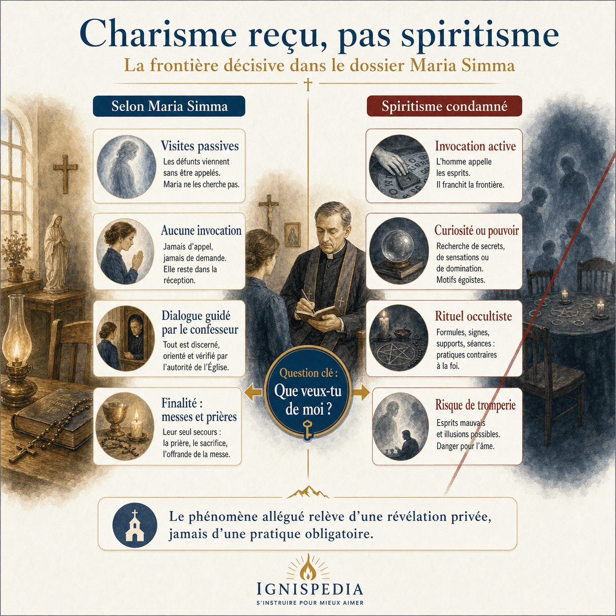 Infographie distinguant le charisme passif de Maria Simma du spiritisme condamné