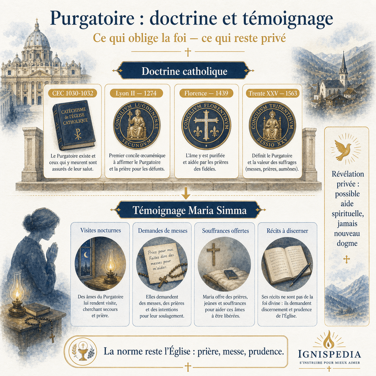 Infographie distinguant doctrine catholique du purgatoire et témoignage privé de Maria Simma