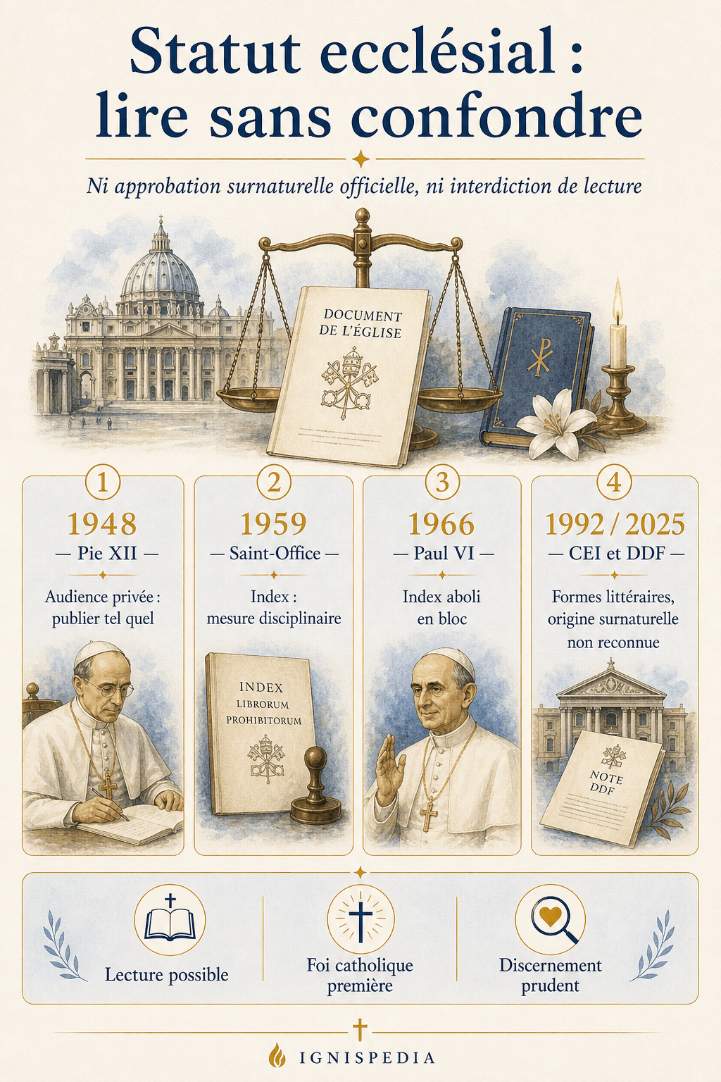 Infographic giải thích quy chế giáo hội về các viết của Maria Valtorta qua các đời Piô XII, Index, Phaolô VI, CEI và DDF