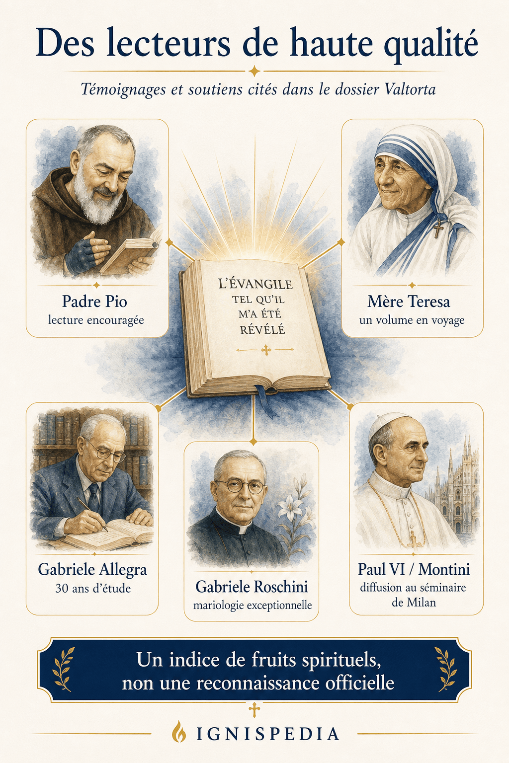 Infographic về những độc giả lớn và nhân chứng ủng hộ Maria Valtorta: Padre Pio, Mẹ Teresa, Allegra, Roschini và Phaolô VI