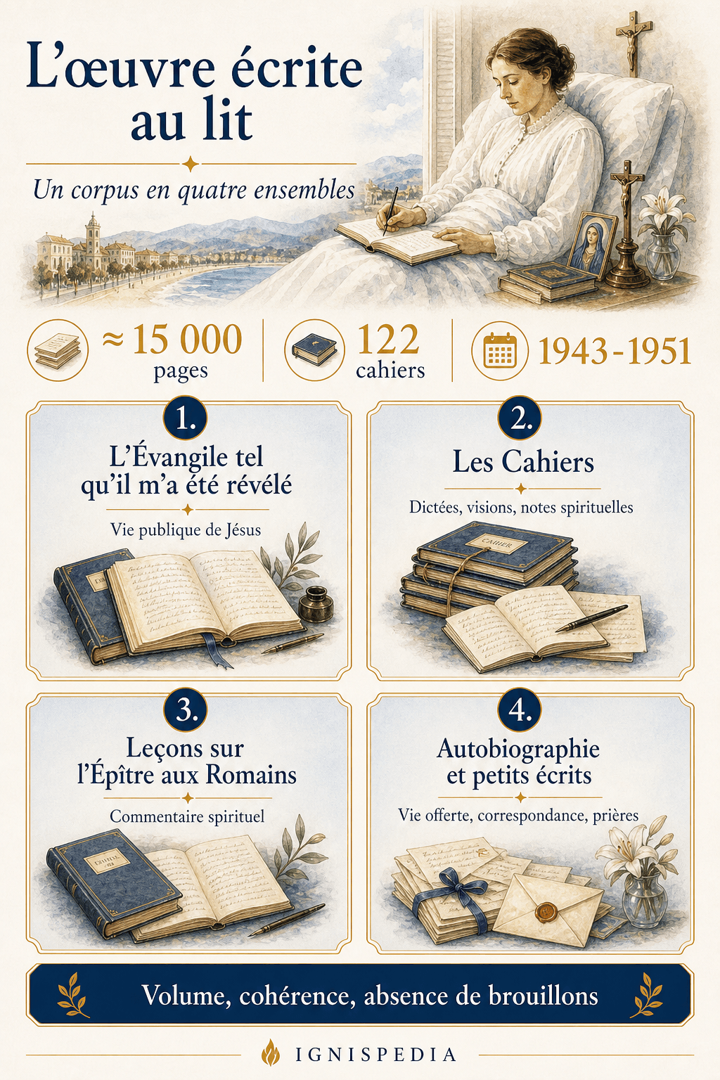 Infographic về cấu trúc corpus của Maria Valtorta: Tin Mừng, Nhật ký, Thư Rô-ma, tự truyện và các bài viết nhỏ