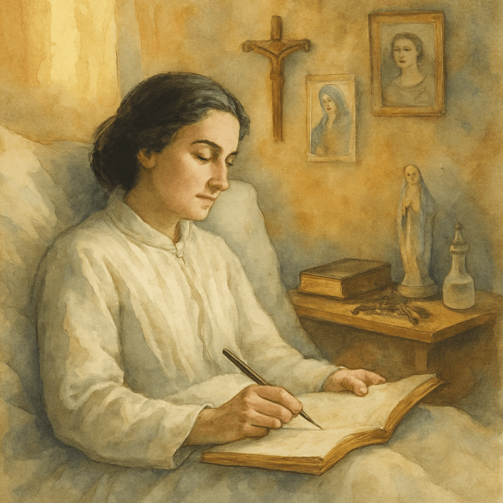 Maria Valtorta viết trên giường tại Viareggio, khoảng năm 1944