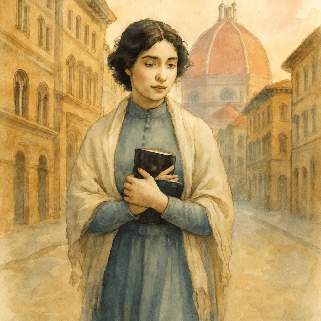 Maria Valtorta tại Florence khoảng năm 1915, thiếu nữ mặc áo sẫm màu cầm sách lễ