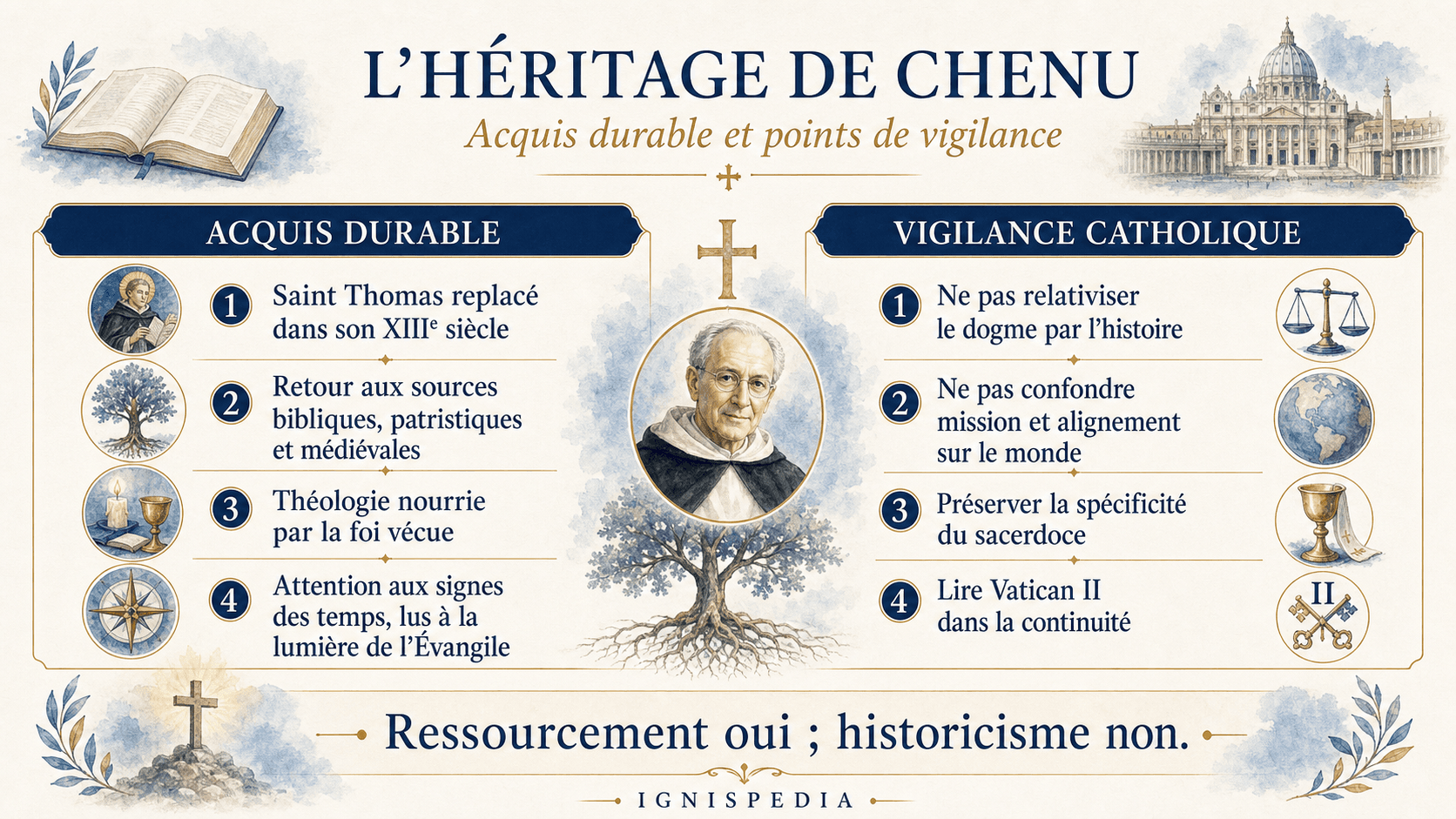 Infographie distinguant l'acquis durable et les points de vigilance dans l'héritage de Marie-Dominique Chenu