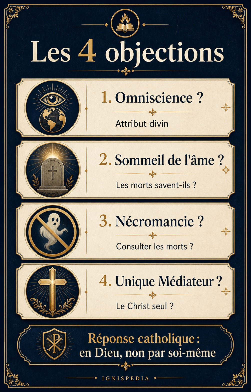 Infographic: the four objections to Marian prayer — omniscience, soul sleep, necromancy, one Mediator