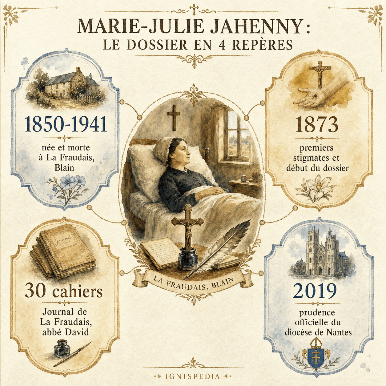 Infographie synthétique sur Marie-Julie Jahenny, La Fraudais, les trente cahiers et la déclaration diocésaine de 2019