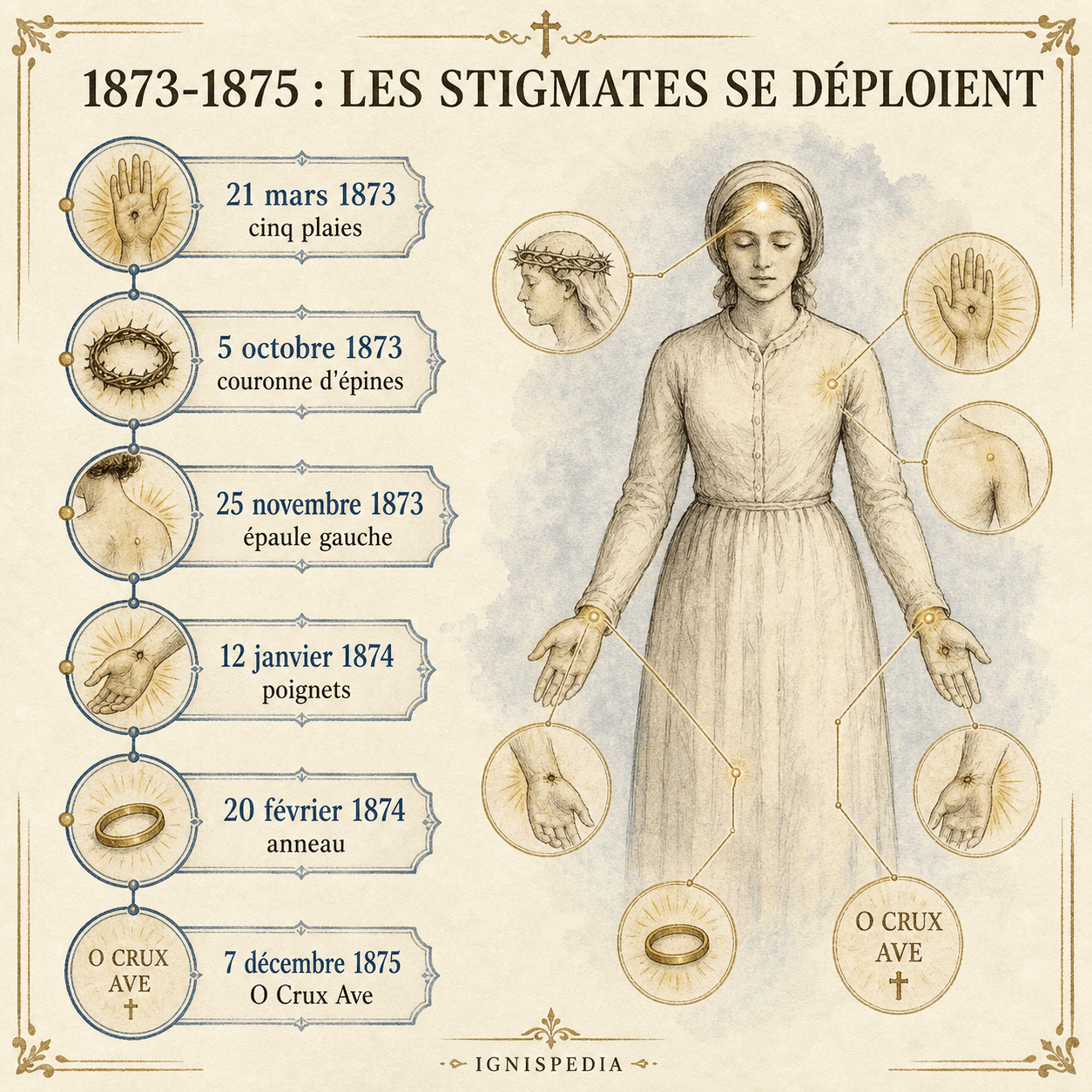 Infographie chronologique sur le déploiement des stigmates de Marie-Julie Jahenny entre 1873 et 1875