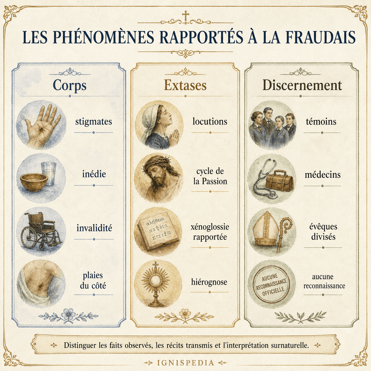 Infographie classant les phénomènes rapportés à La Fraudais : corps, extases et discernement