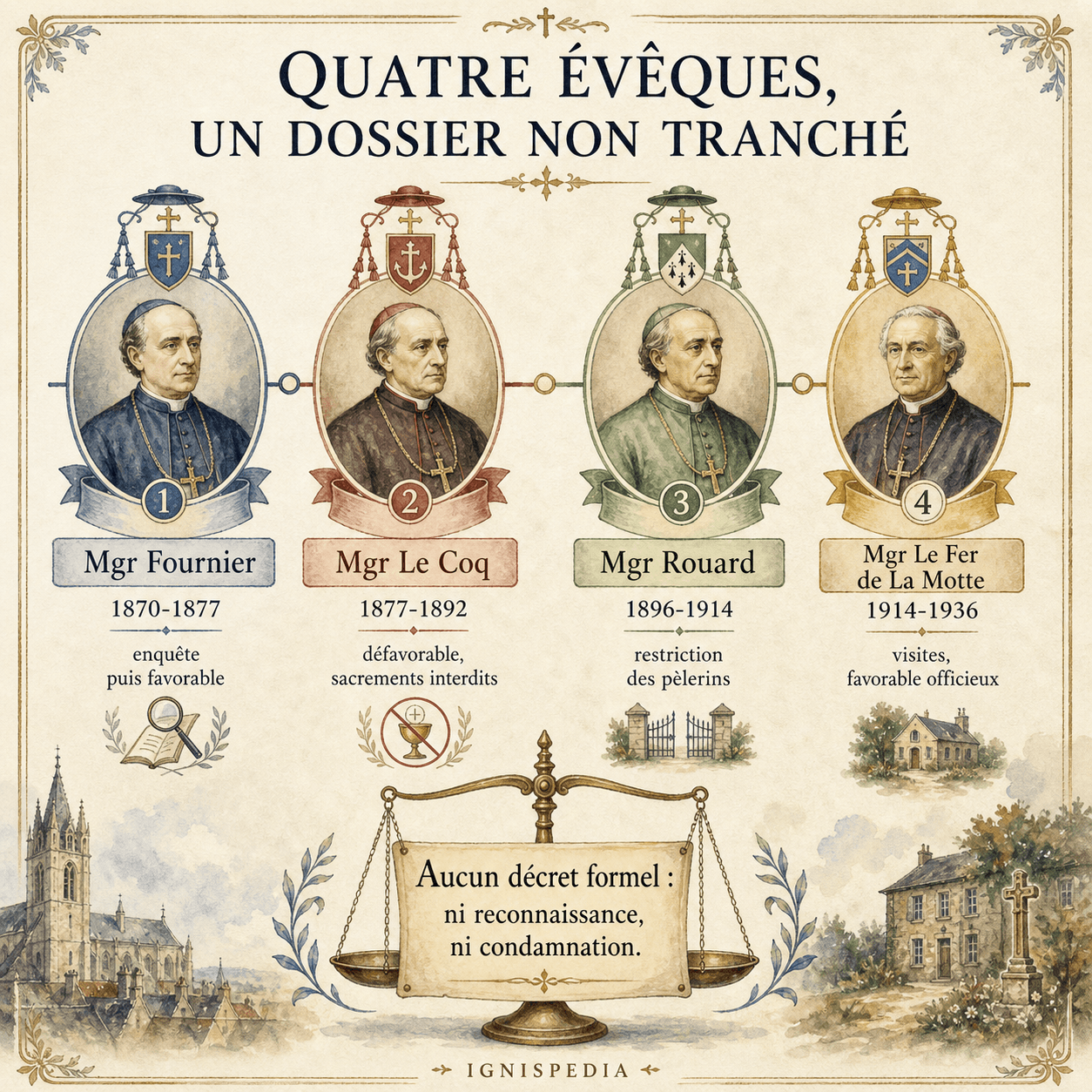 Infographie sur les quatre évêques de Nantes face au dossier Marie-Julie Jahenny
