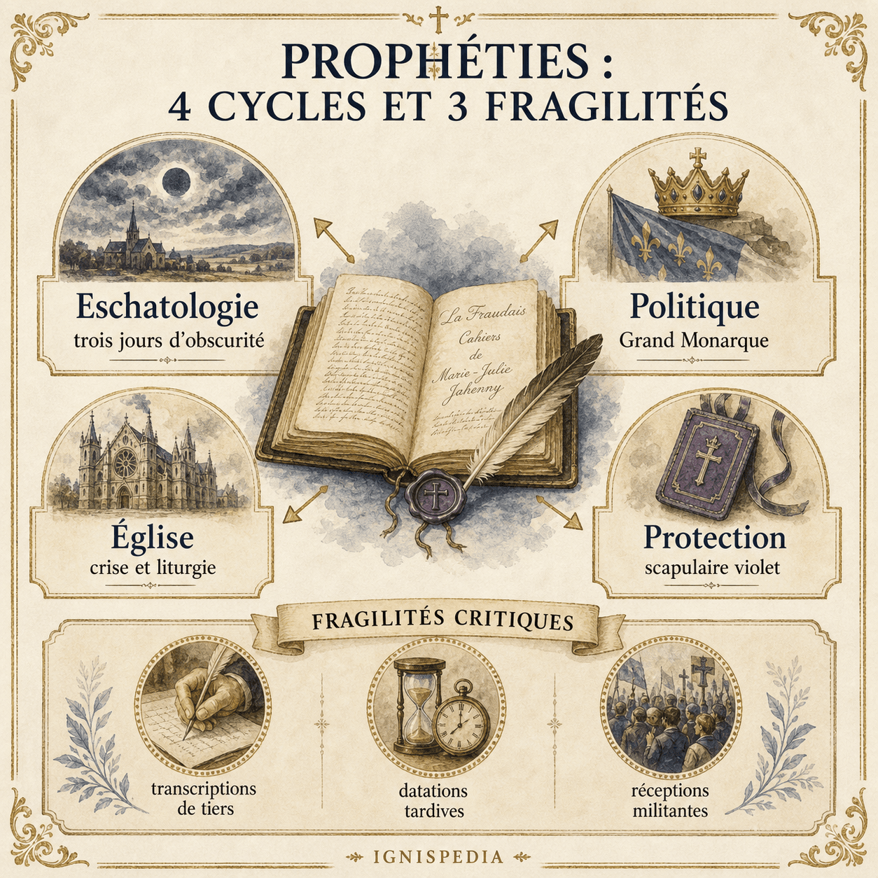 Infographie sur les quatre cycles prophétiques attribués à Marie-Julie Jahenny et leurs fragilités critiques