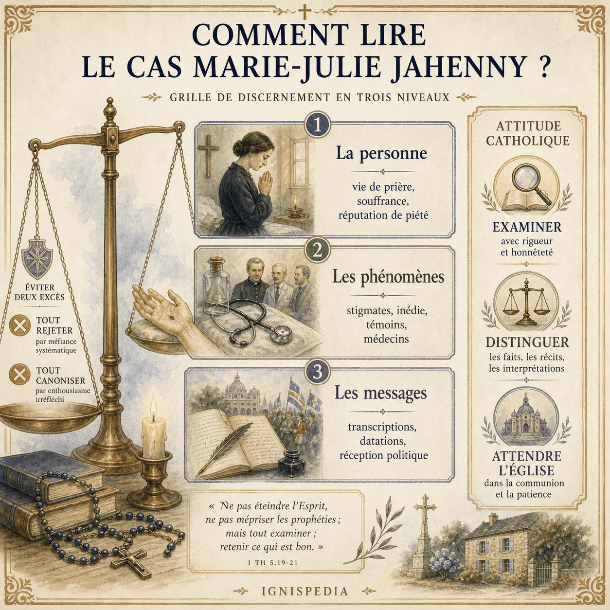 Infographie de discernement final distinguant la personne, les phénomènes et les messages dans le cas Marie-Julie Jahenny