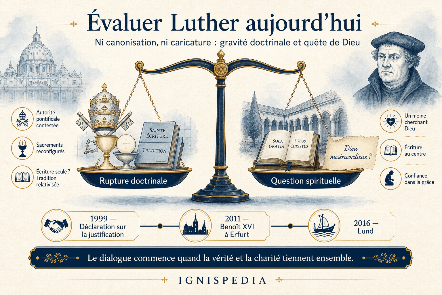 Infographie sur l'évaluation catholique contemporaine de Luther entre rupture doctrinale et quête spirituelle