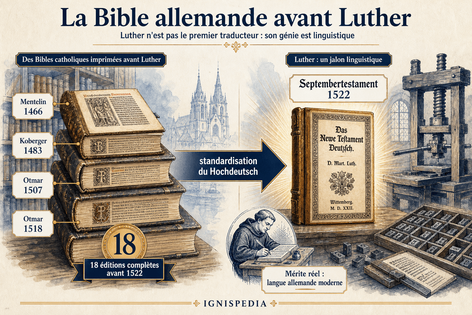 Infographie montrant les Bibles allemandes catholiques imprimées avant Luther et le Septembertestament de 1522