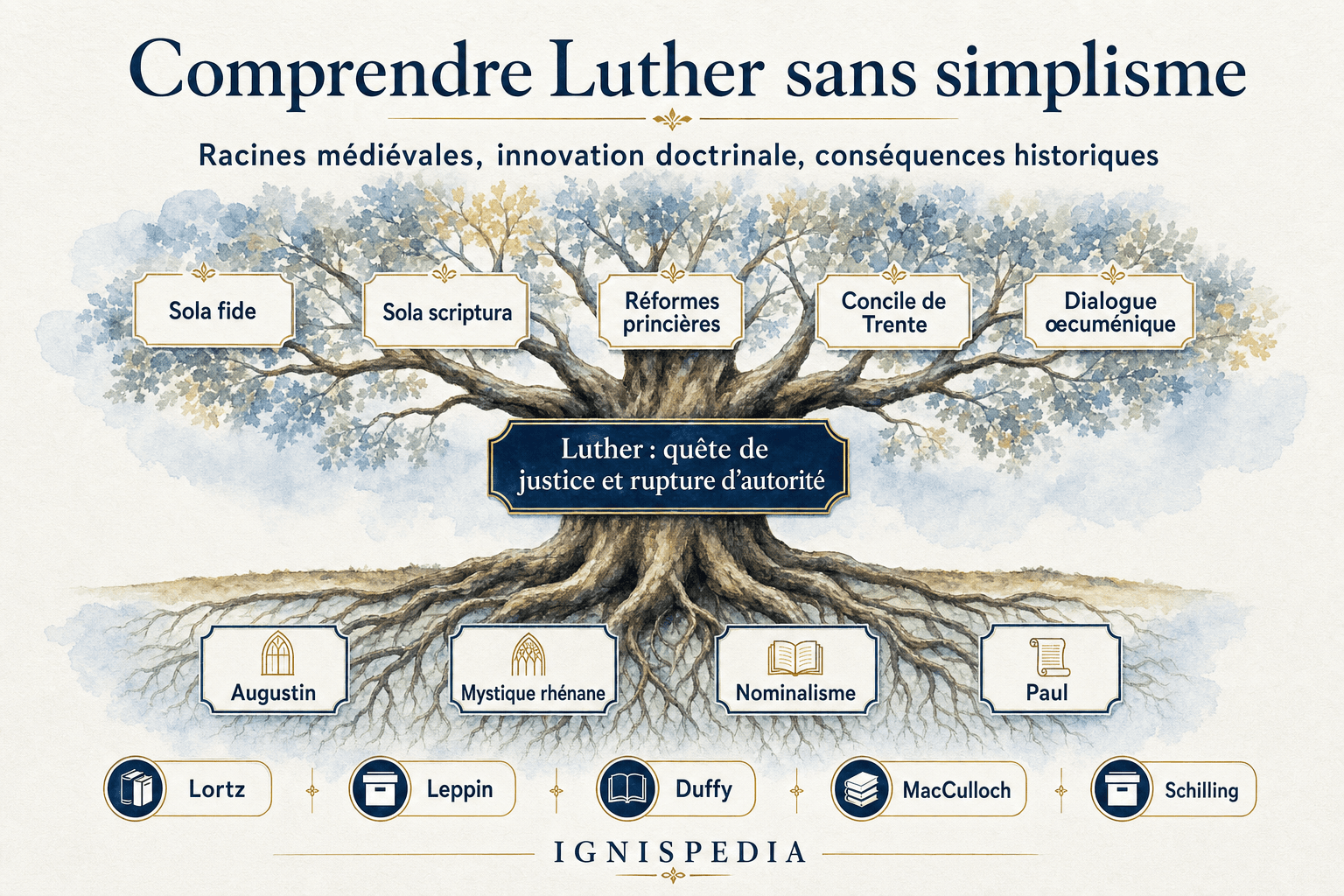 Infographie en arbre sur les racines médiévales, les innovations doctrinales et les conséquences historiques de Luther