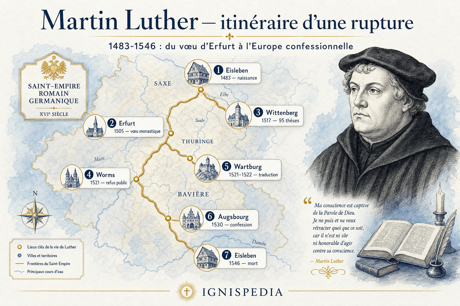 Carte-frise de Martin Luther de 1483 à 1546, d'Eisleben à Wittenberg, Worms, Wartburg et Augsbourg