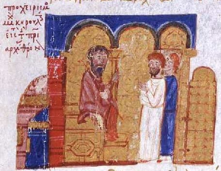 Enthronement of Michael Cerularius, miniature from the Madrid Skylitzes, folio 225r