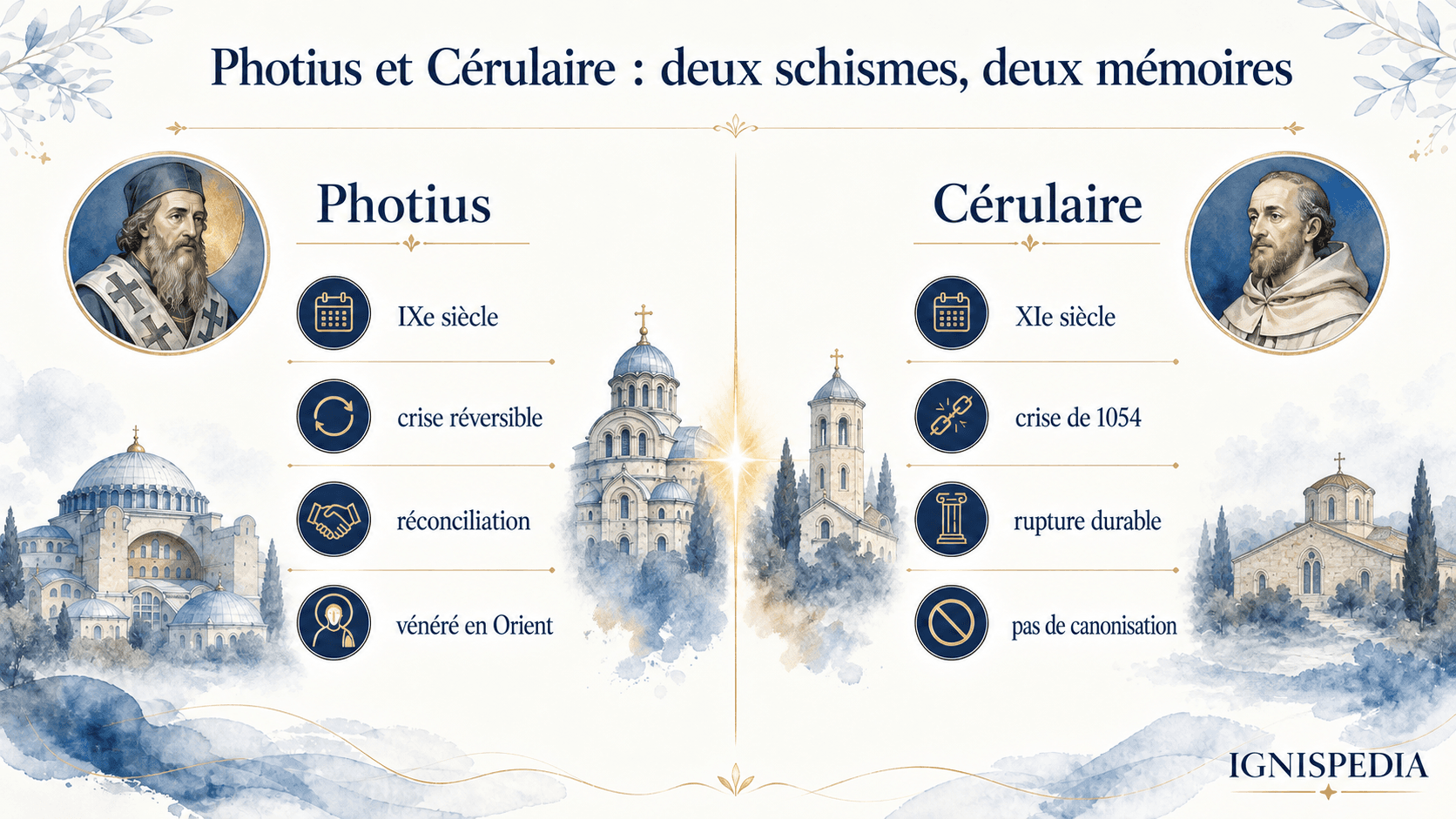 Infographic comparing Photius and Michael Cerularius, two crises between Constantinople and Rome