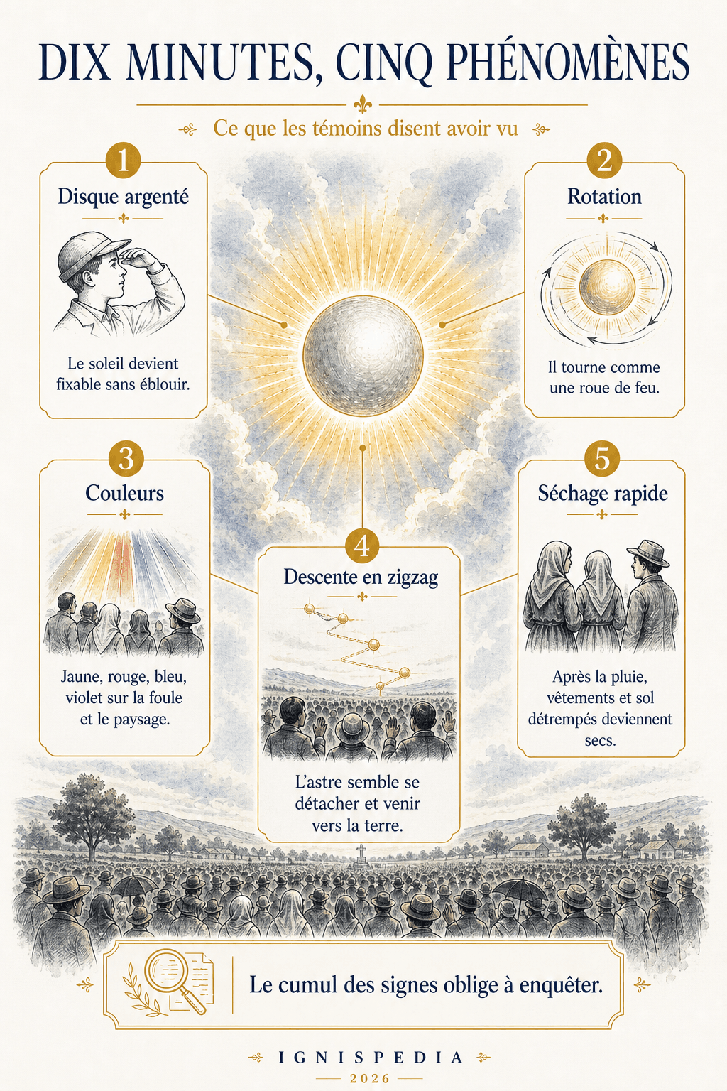 Infographie — Dix minutes, cinq phénomènes : disque argenté, rotation, couleurs, descente en zigzag, séchage