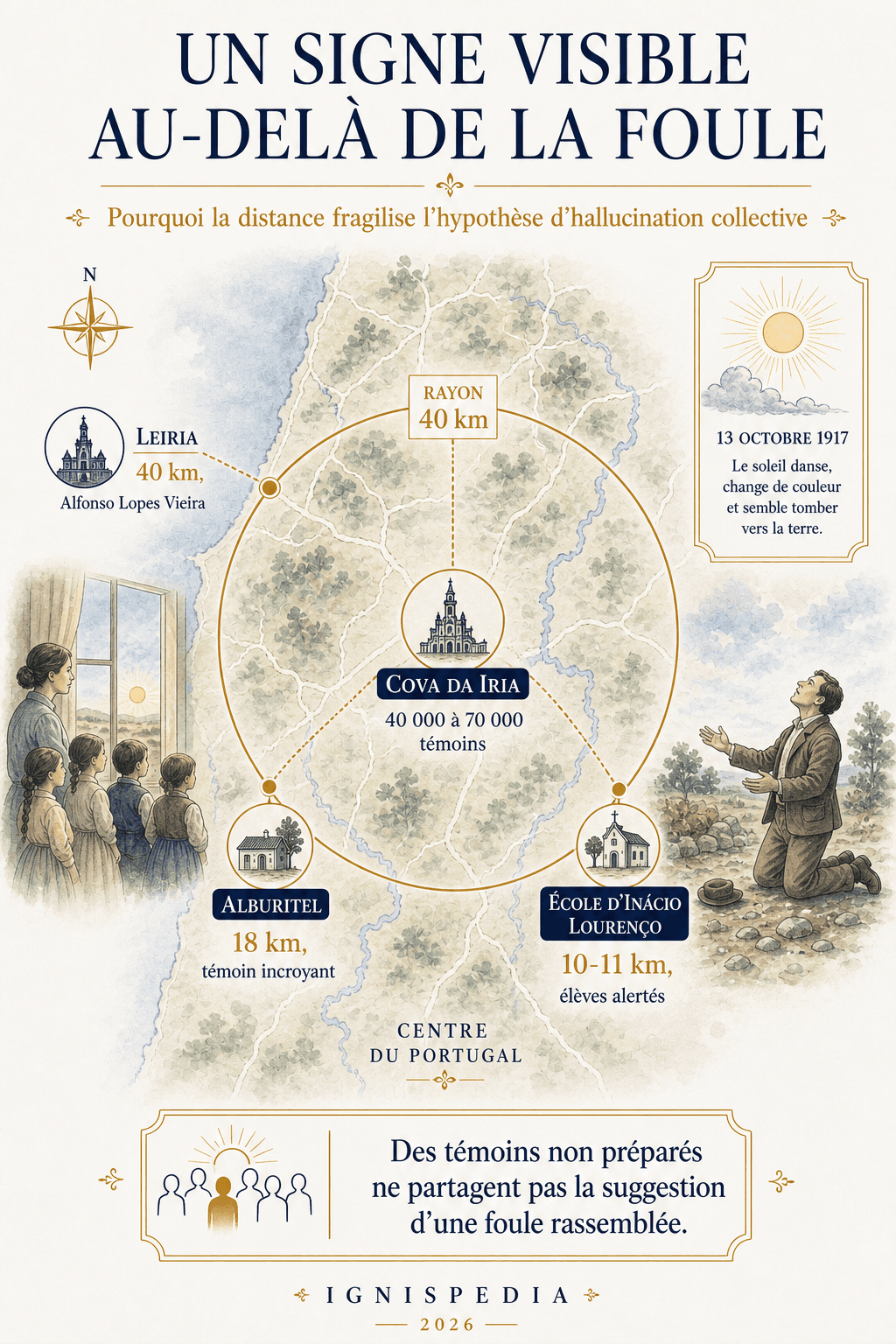 Infographie — Un signe visible au-delà de la foule : carte du Portugal central avec les témoins extérieurs