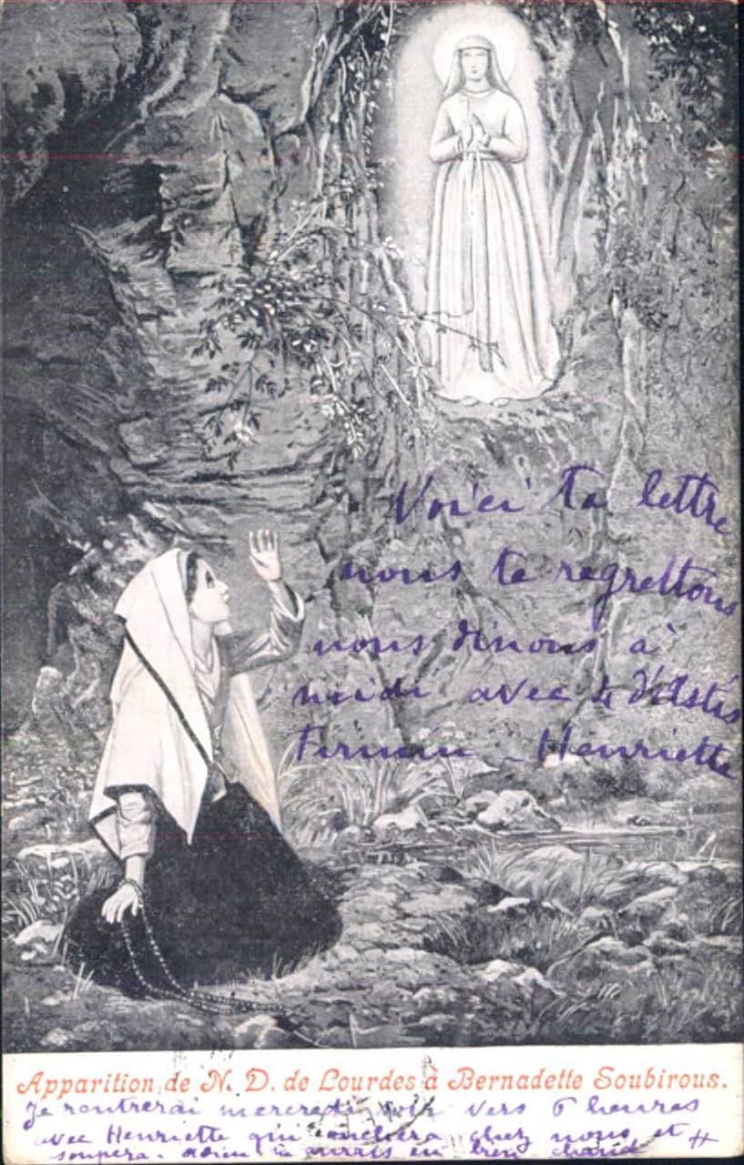 Carte postale de 1906 représentant l’apparition à Bernadette
