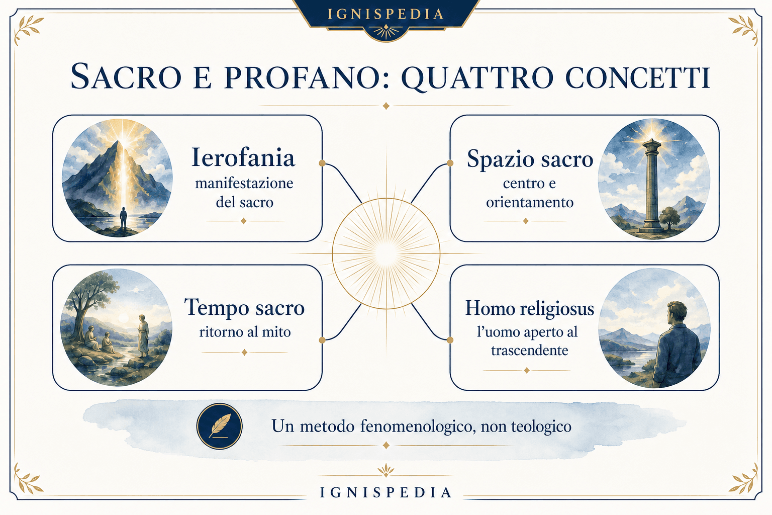 Schema dei quattro concetti principali di Eliade: ierofania, axis mundi, tempo mitico e homo religiosus
