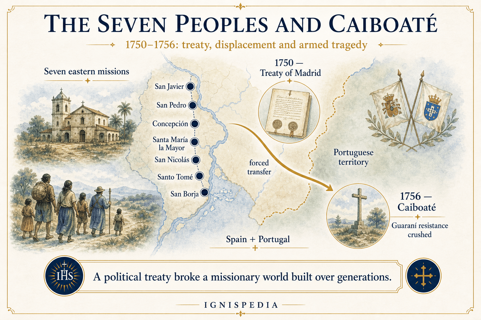 Infographic map of the Treaty of Madrid, the Seven Communities, Sepé Tiaraju, and Caiboaté