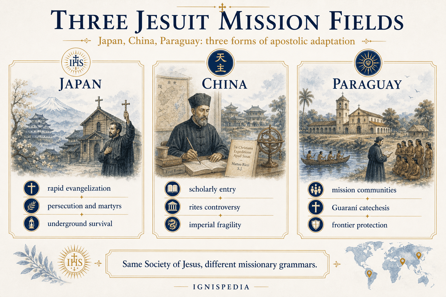 Infographic comparison of Jesuit missions in Japan, China, and Paraguay