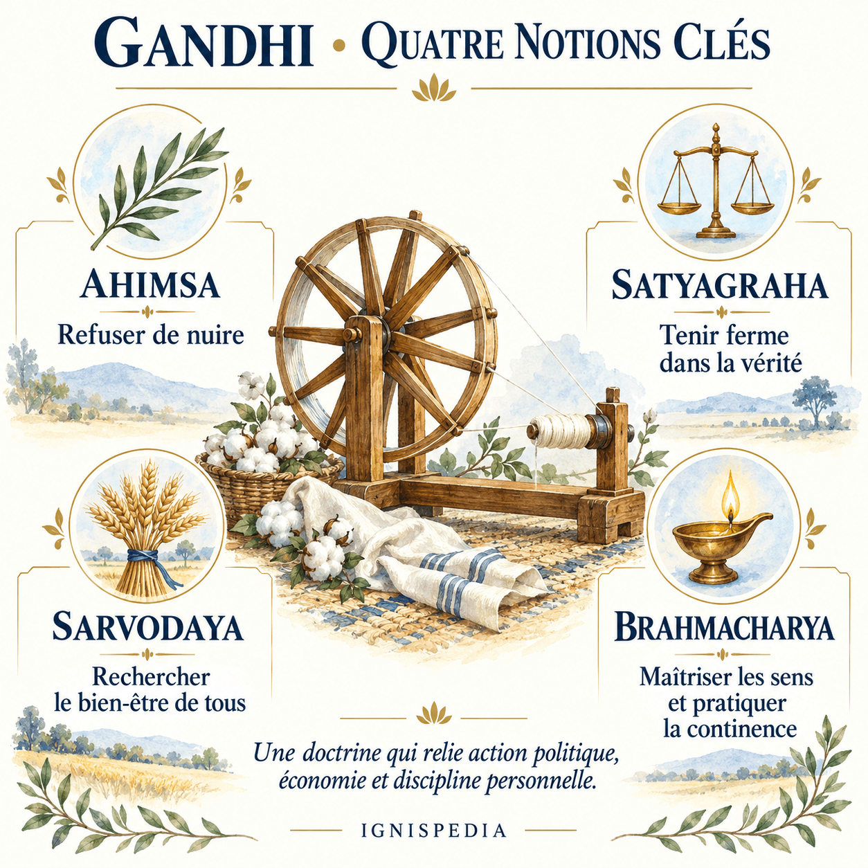 Quattro nozioni della dottrina di Gandhi: ahimsa, satyagraha, sarvodaya e brahmacharya