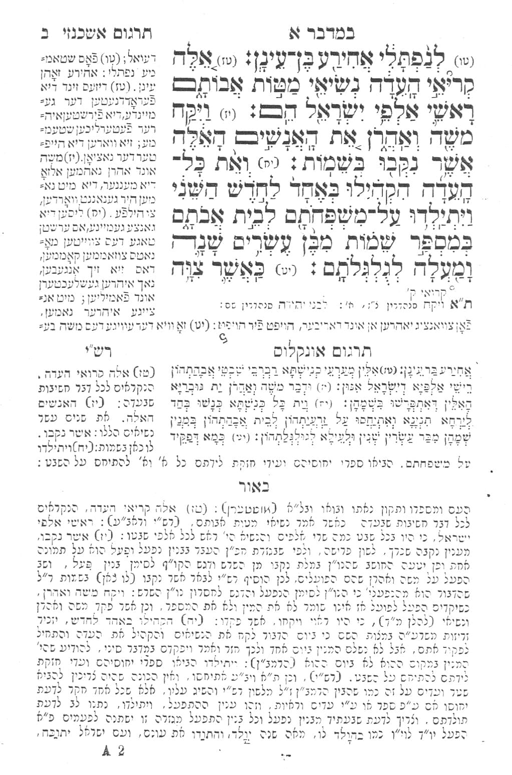 Página interior del Bi’ur (Sefer Netivot ha-Shalom): texto hebreo con el Tárgum, el comentario de Rashi y el Bi’ur de Mendelssohn