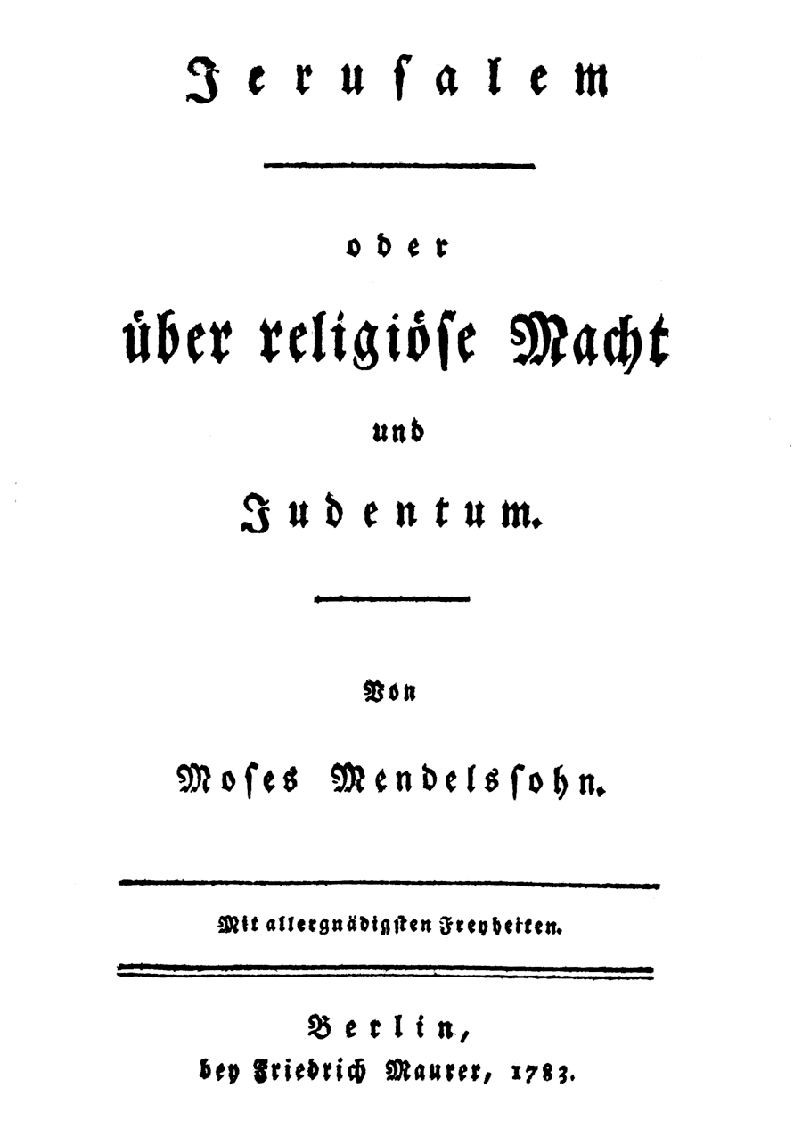 Portada de la primera edición de Jerusalem oder über religiöse Macht und Judentum (Berlín, Friedrich Maurer, 1783)